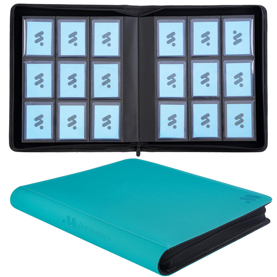 MORABTO top loader binder with turquoise cover showcasing organized 3x4 cards