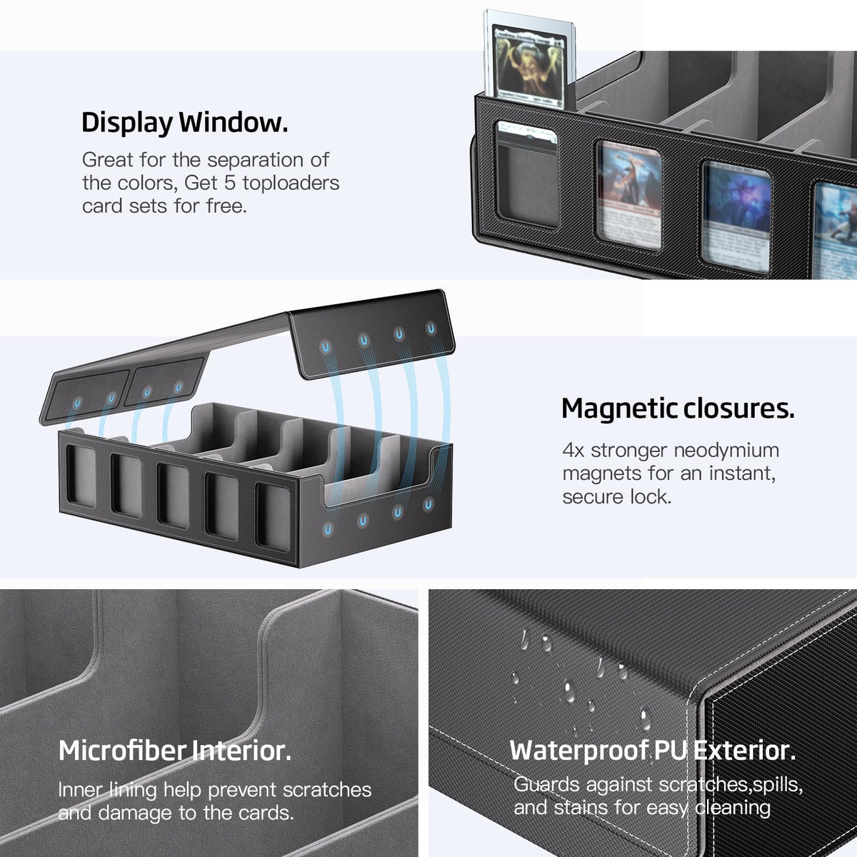 MORCCO waterproof-pu exterior protects sleeved and raw cards.