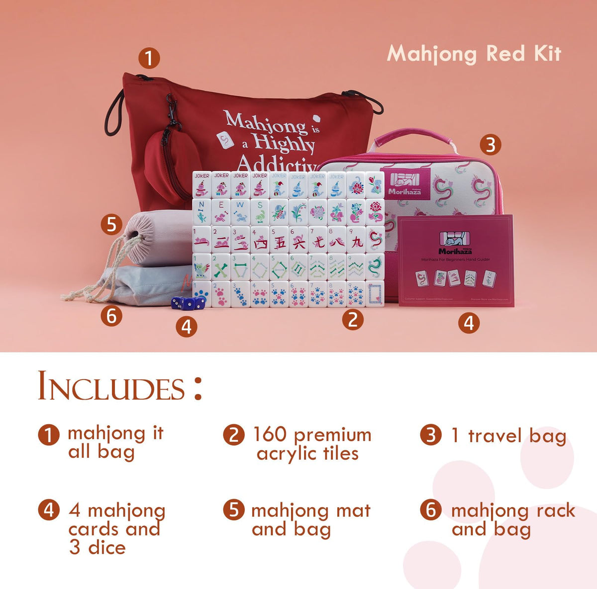 Morihaza Mahjong travel kit contents laid out for quick start