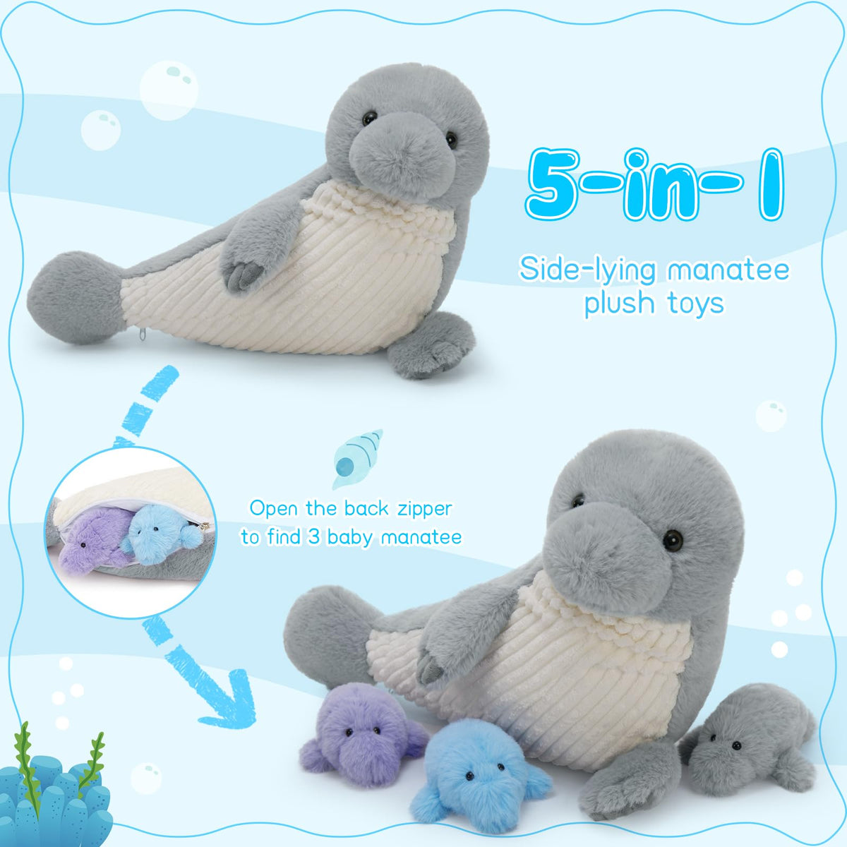 MorisMos 19-inch gray manatee stuffed toy designed for long-lasting play