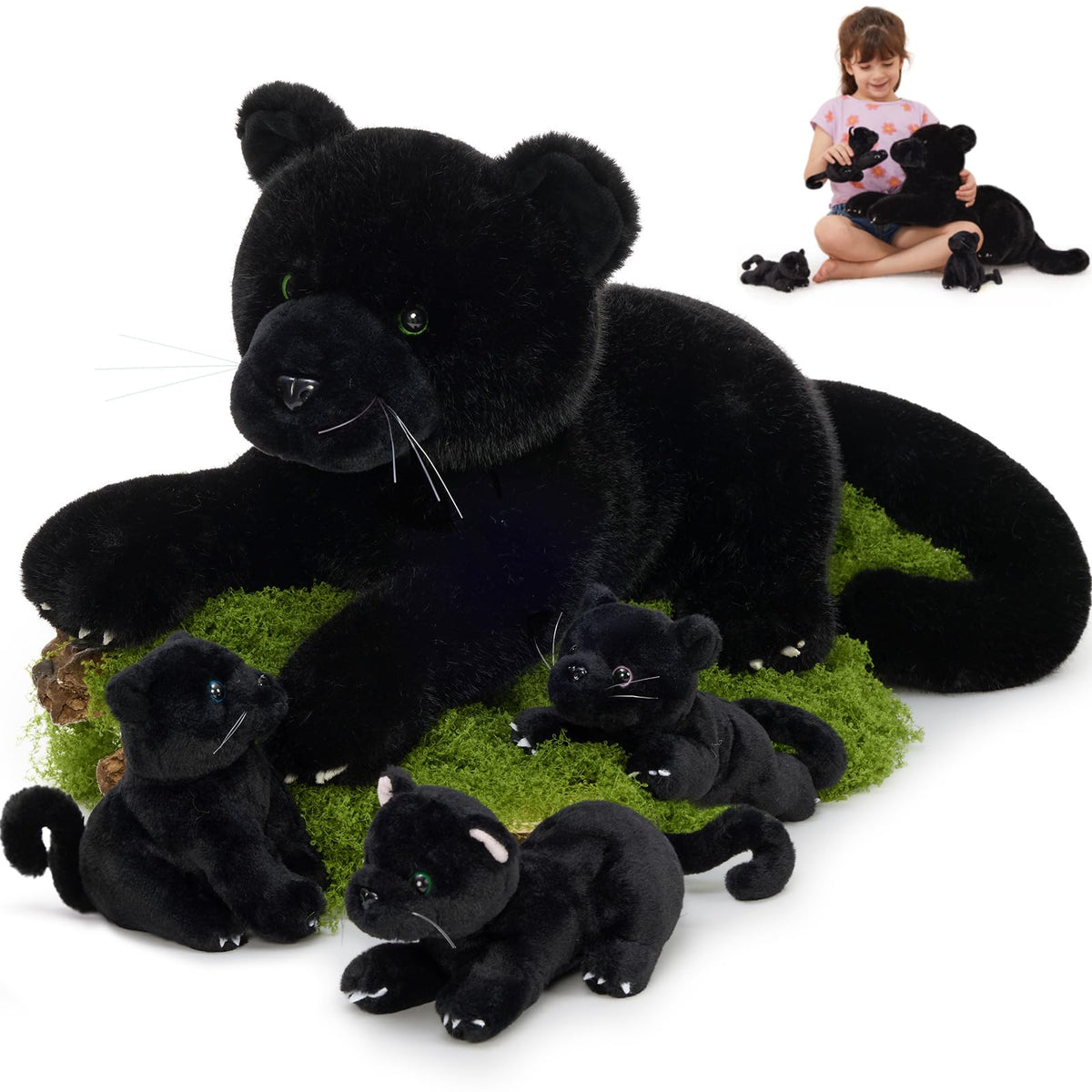 MorisMos 18-inch black plush panther mommy cuddling with cubs for cozy play