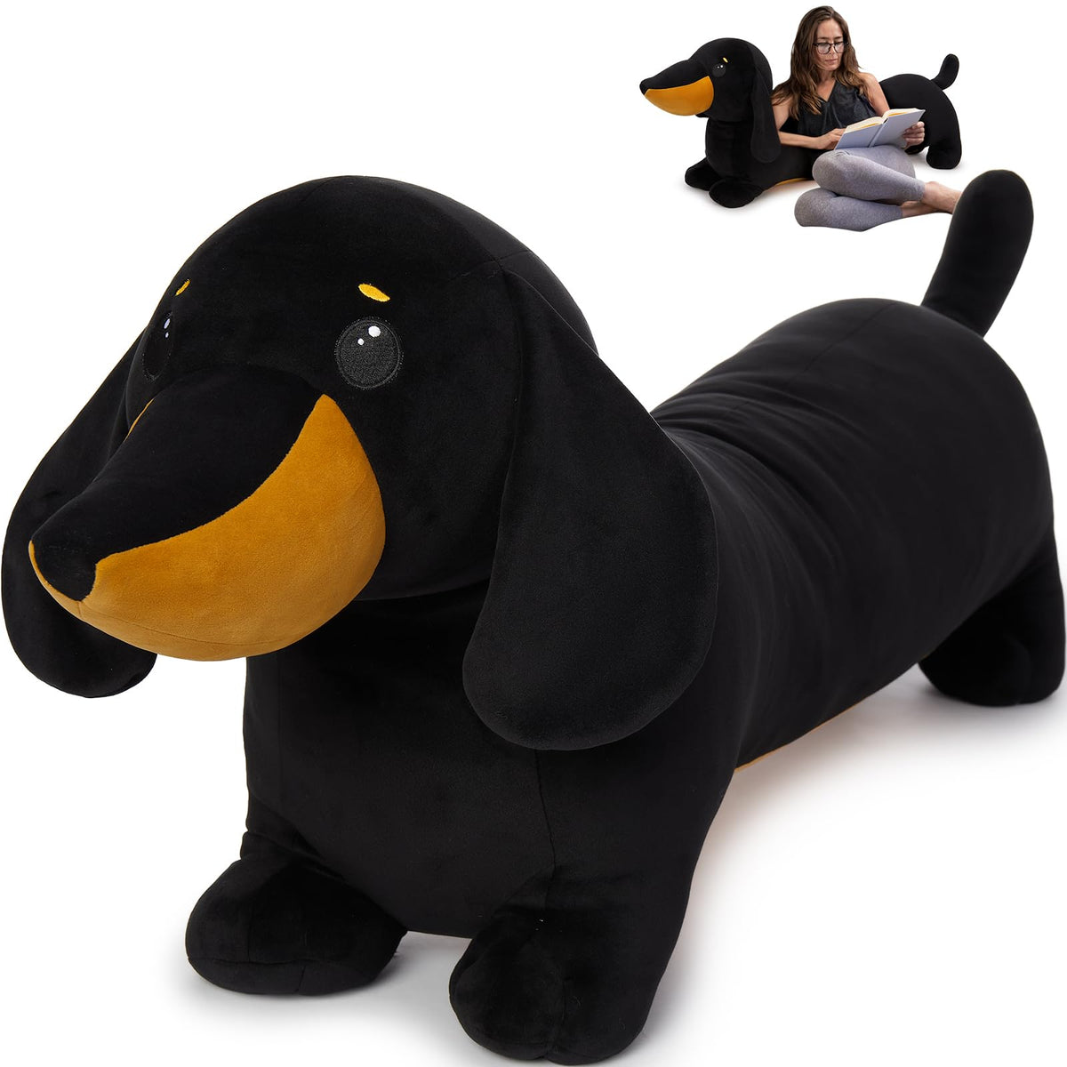 Moris-Mos dachshund plush giant on sofa for cozy hugging