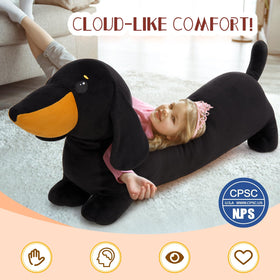 Moris-Mos dachshund plush being hugged by a child for comfort