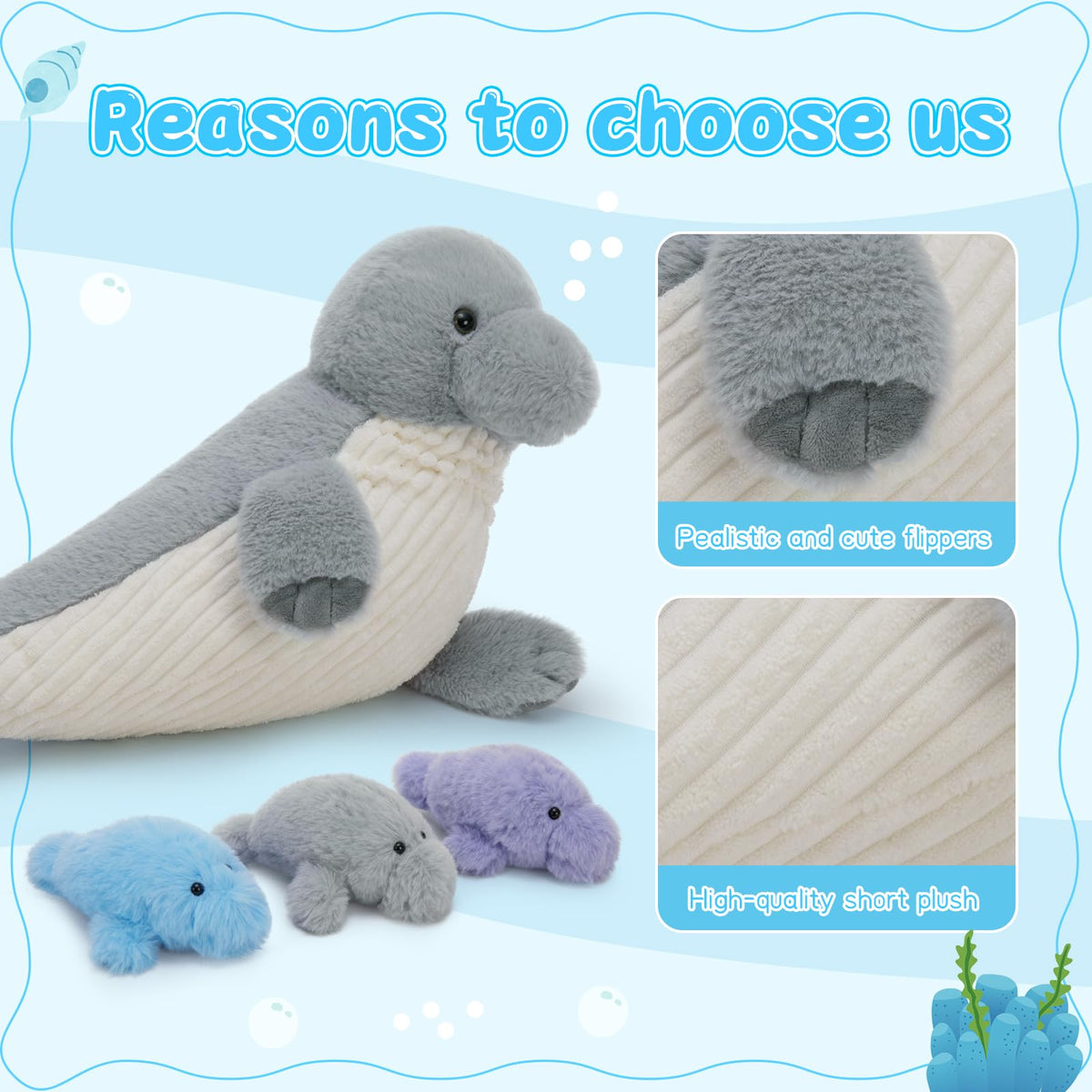 MorisMos easy-care spot-clean manatee plush supports simple maintenance