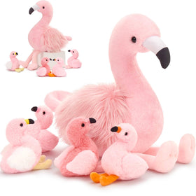 MorisMos 18in mommy flamingo plush with open tummy for baby play and nesting.