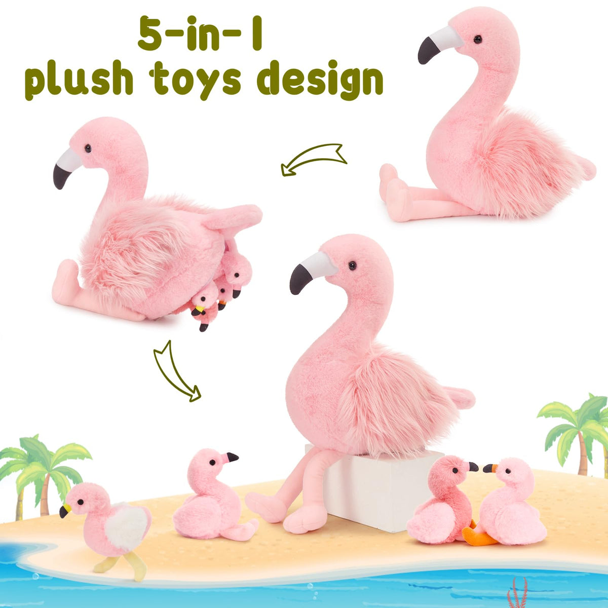 MorisMos flamingo with gentle stitching and safe eyes for kids.
