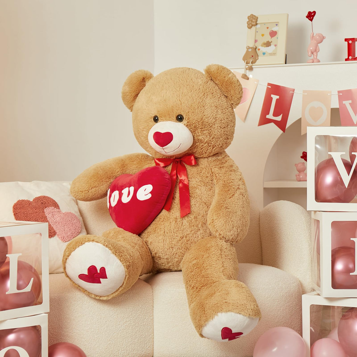 MorisMos giant teddy bear on bed decor adds a comforting focal point
