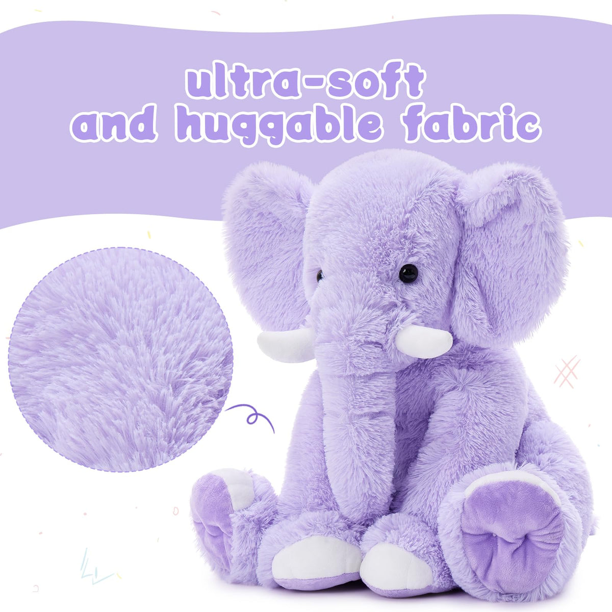 MorisMos large purple elephant plush shows sturdy double-stitched seams for active kids.