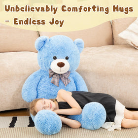 Moris-Mos teddy bear blue hug position highlighting comforting companion for bedtime