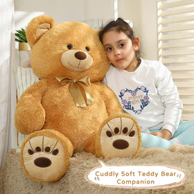 MorisMos 36in giant teddy bear closeup of fluffy plush material for cozy snuggles.