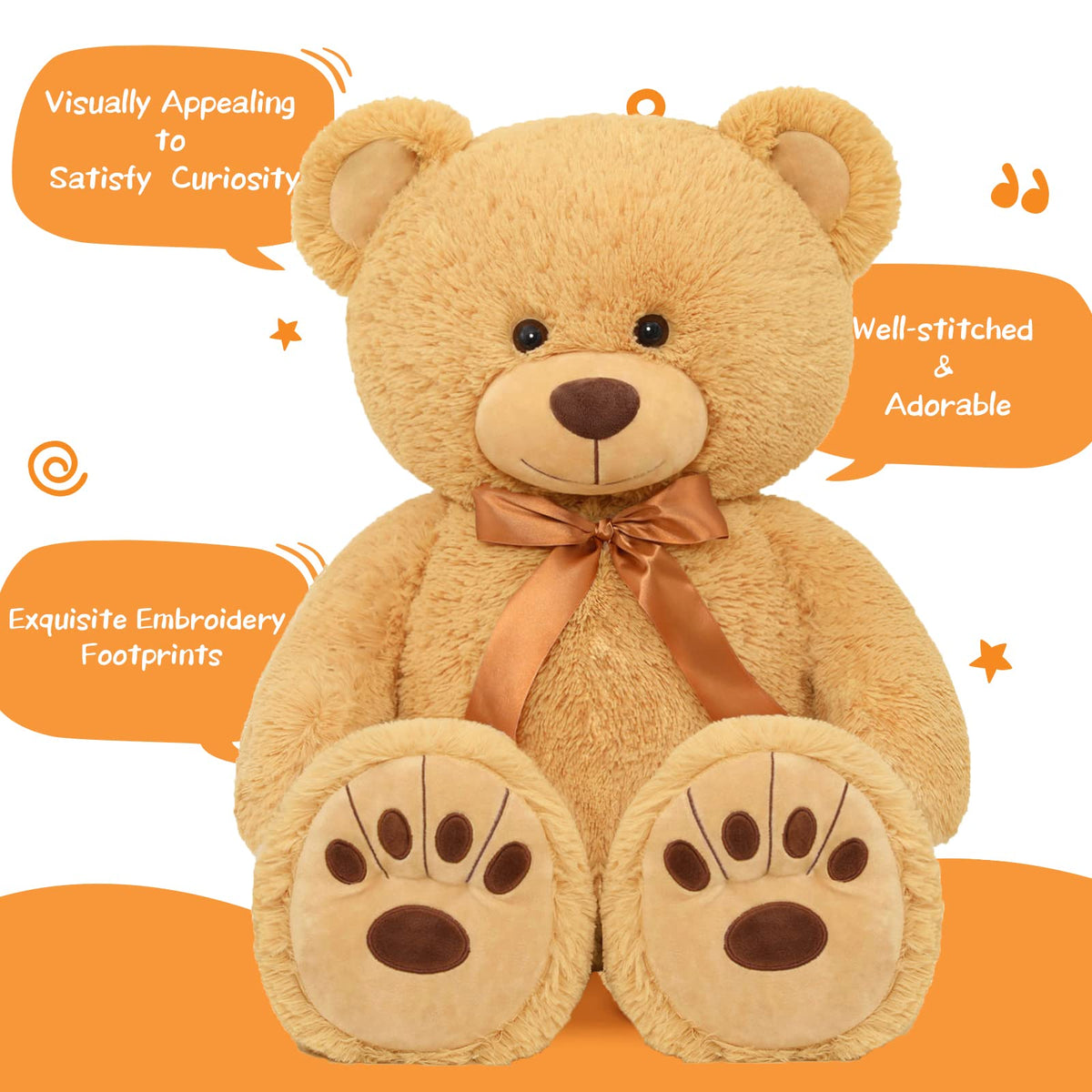 MorisMos 36in giant teddy bear footprint with ribbon bow enhances decorative gift appeal.