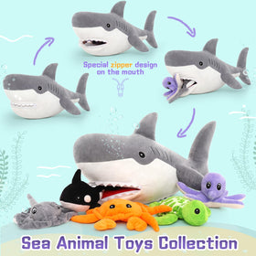 MorisMos set of five baby sea creature plush inside the shark's mouth.