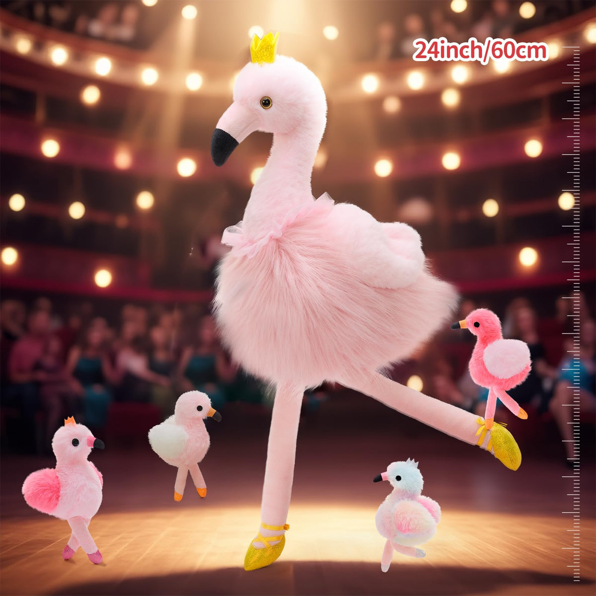 MorisMos ballet flamingo plush close-up showing crown and dress for storytelling