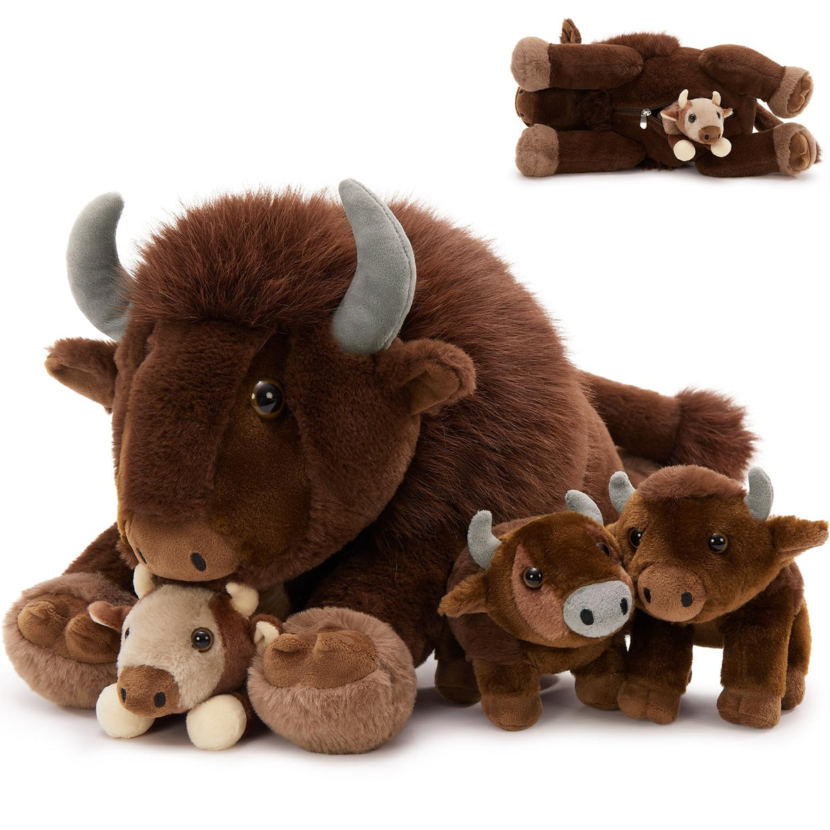 MorisMos 18-inch mama bison plush with calves for cozy nighttime cuddles