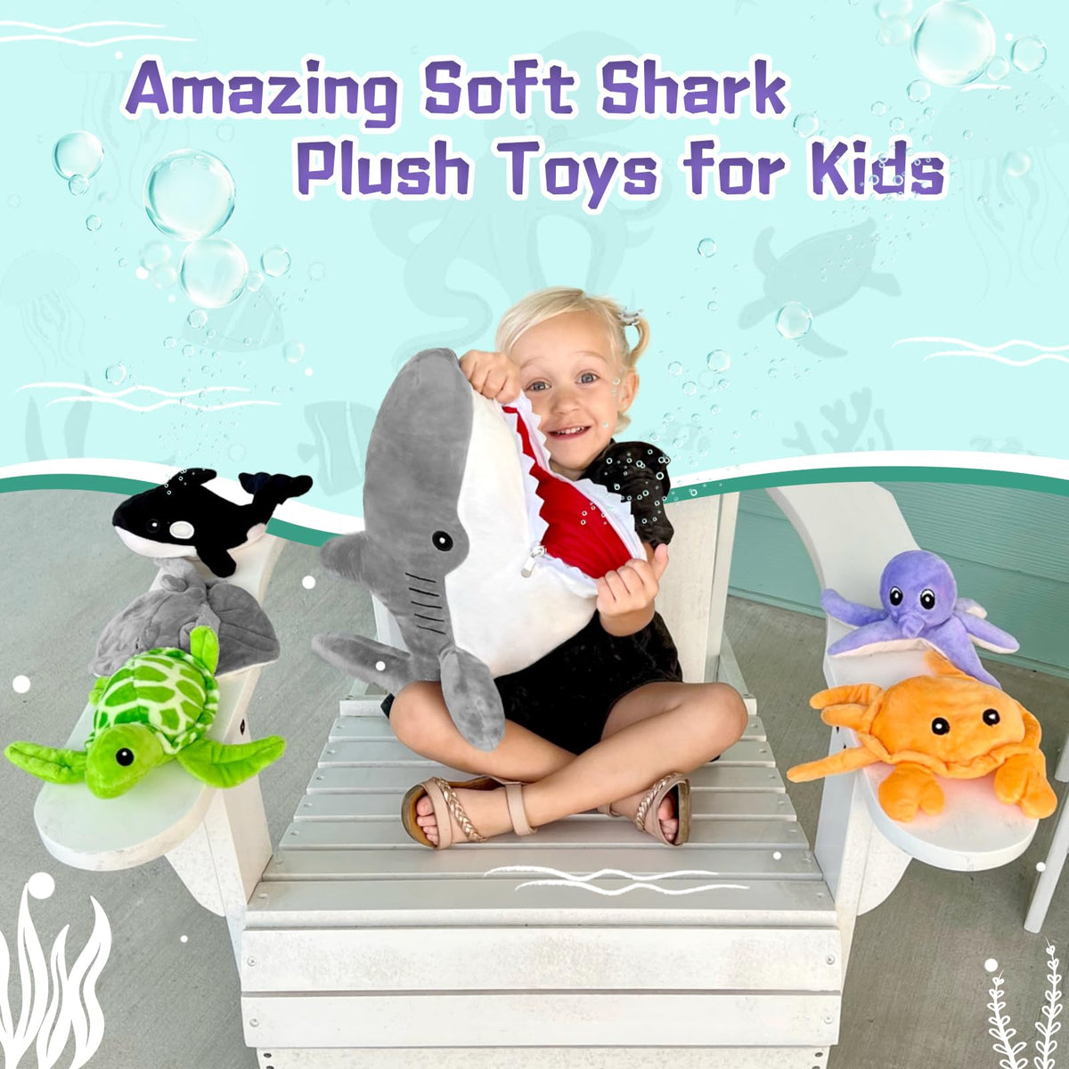 MorisMos colorful sea creature plush set supports color recognition and imagination.