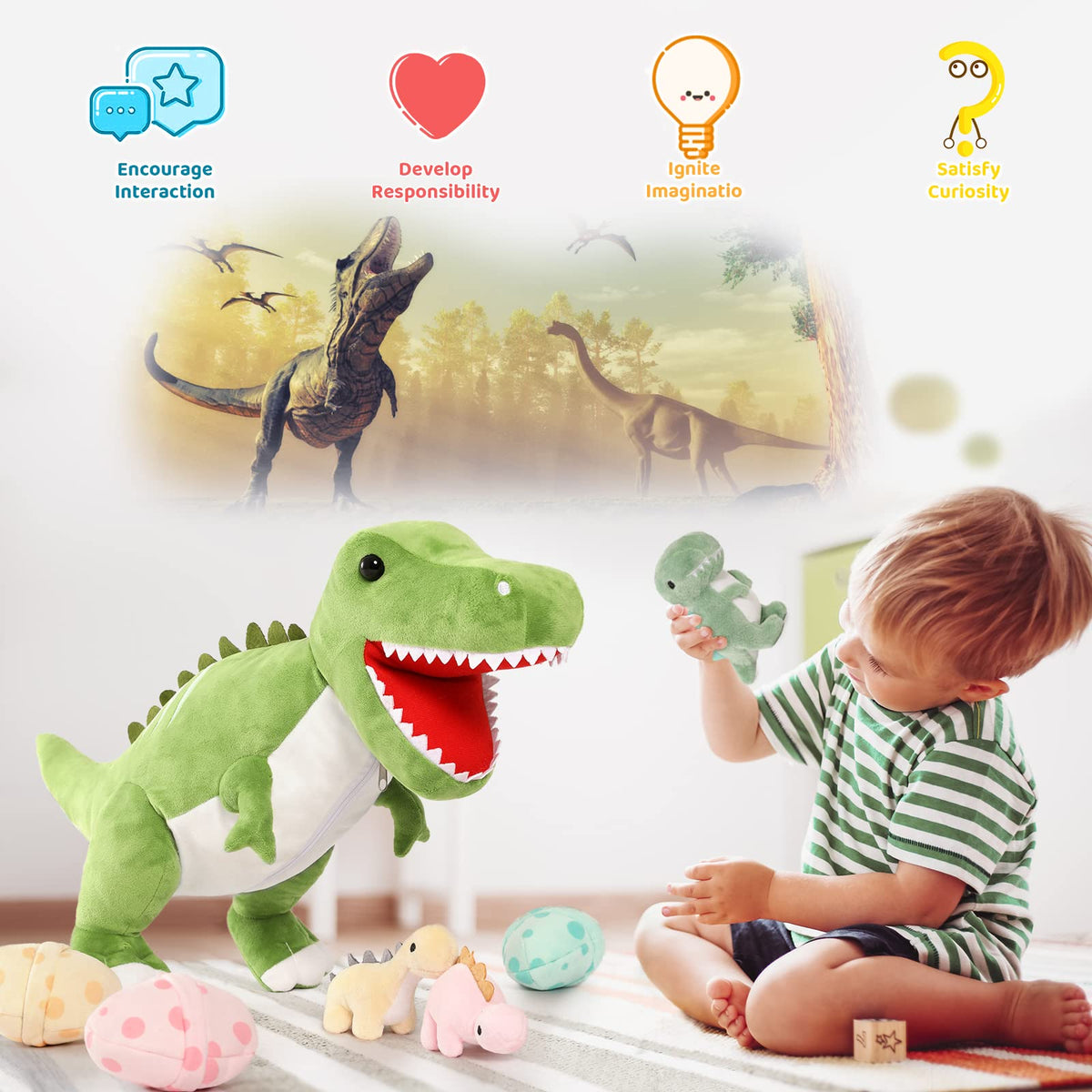 MorisMos dinosaur eggs plush with belly hatch feature supports pretend play.