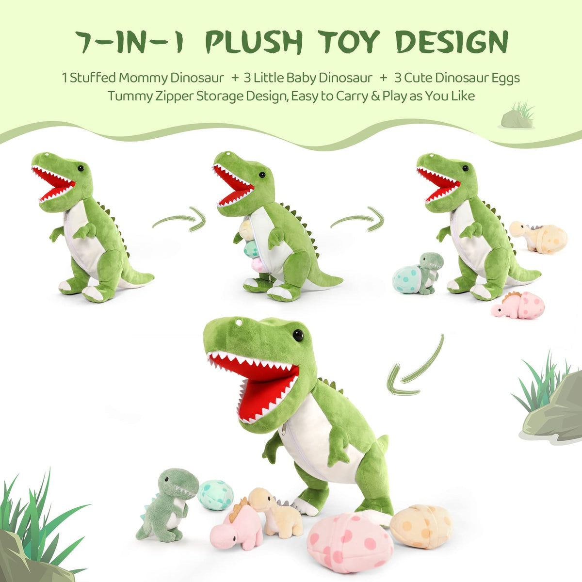 MorisMos green T-Rex plush with friendly face inviting comforting hugs.