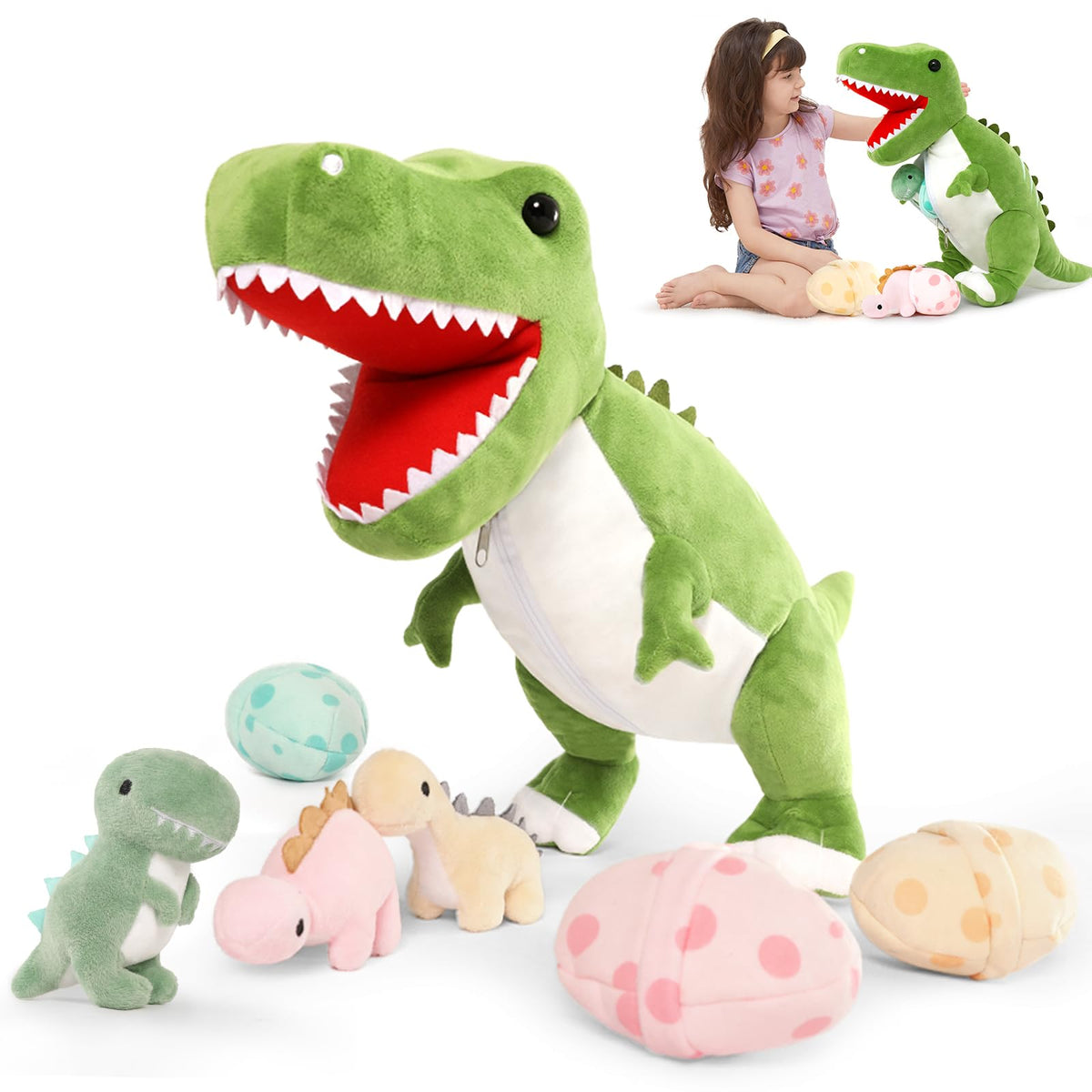MorisMos dinosaur mommy with babies plush for gentle bedtime cuddles.