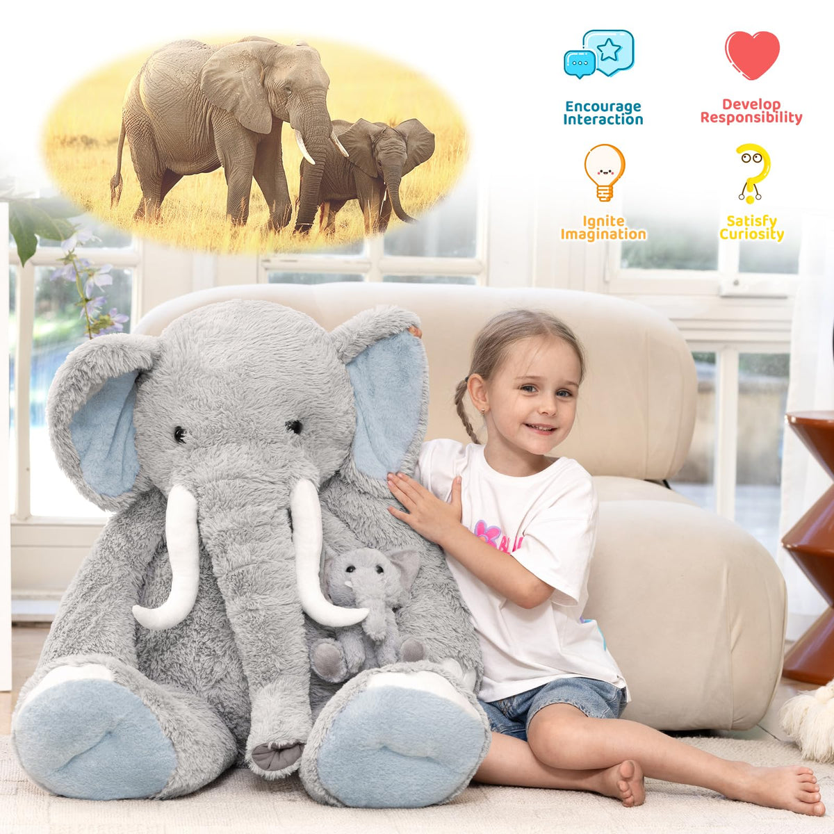 MorisMos giant elephant plush with removable baby invites interactive cuddle play.