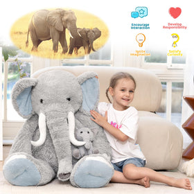 MorisMos giant elephant plush with removable baby invites interactive cuddle play.