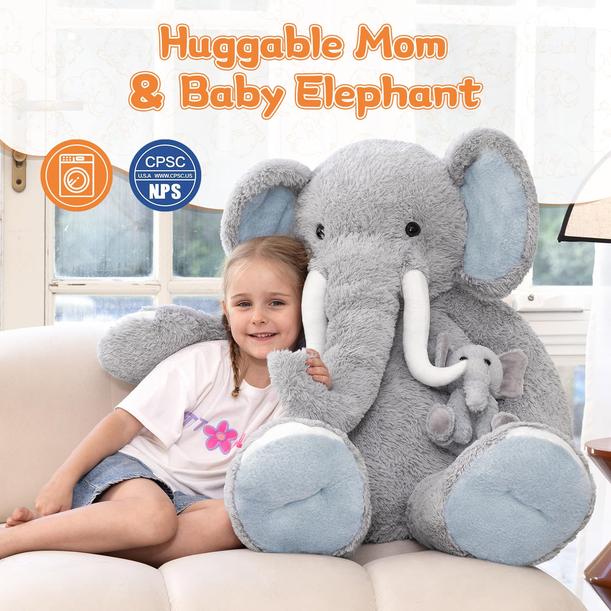 MorisMos jumbo elephant plush close-up shows floppy ears and soft texture.