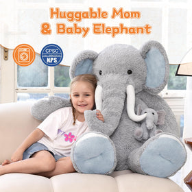 MorisMos jumbo elephant plush close-up shows floppy ears and soft texture.
