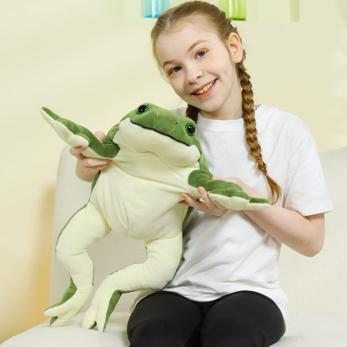 MorisMos giant frog plush texture close-up shows durable stitching and softness