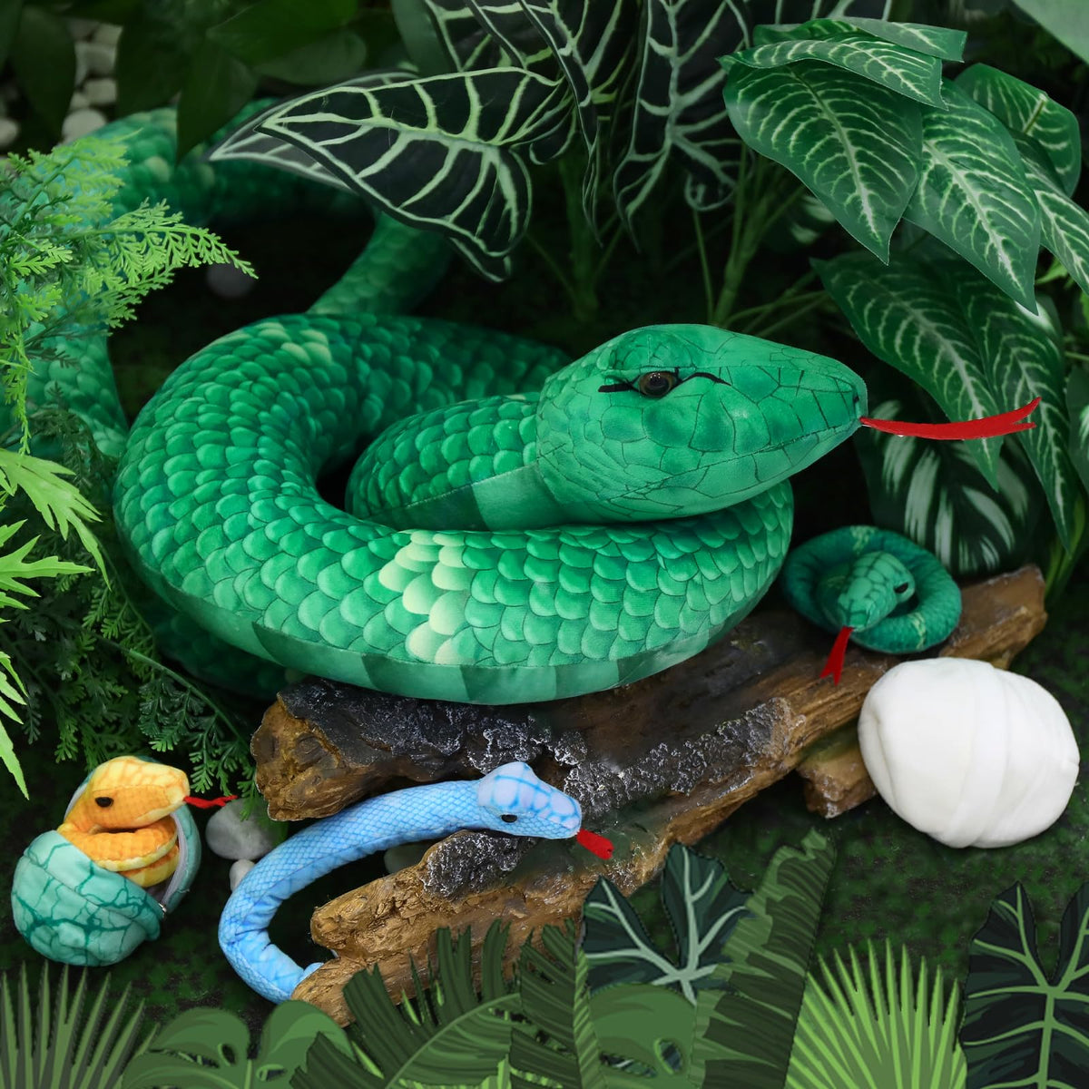 MorisMos giant snake with eggs plushies highlights hidden treasures for creative play.