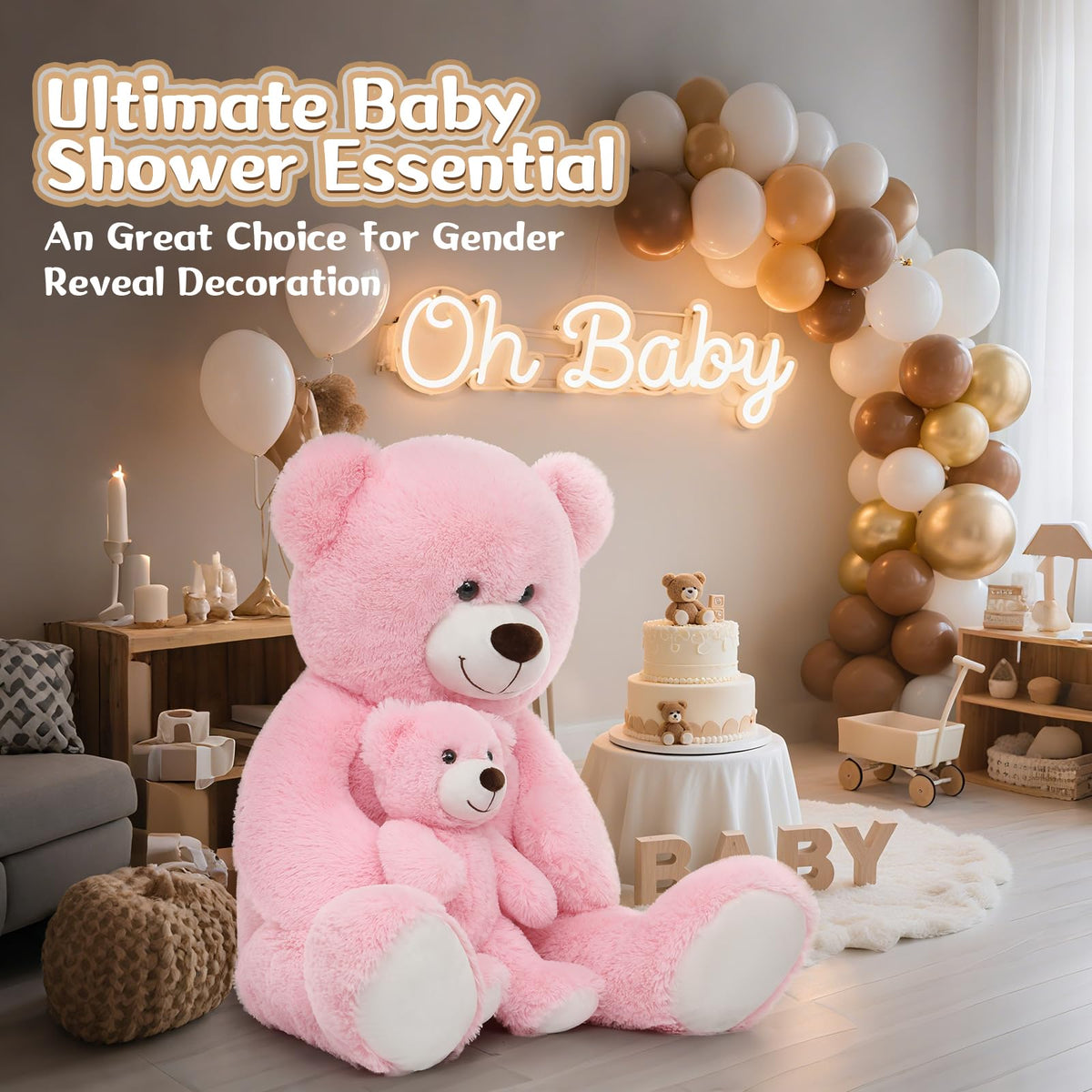 MorisMos giant teddy bear 39-inch pink, perfect baby shower decor centerpiece.