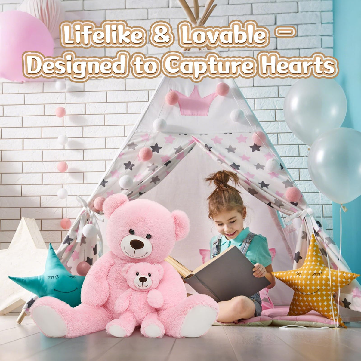 MorisMos pink teddy bear 39-inch, soft and cozy for bedtime snuggles.