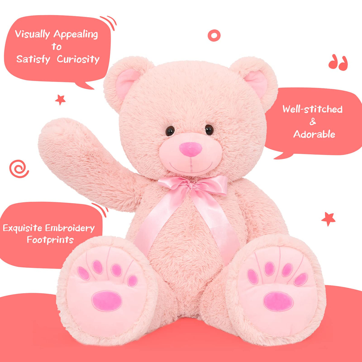 MorisMos pink teddy bear close-up of eyes and nose showing safe, durable detailing.