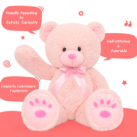 MorisMos pink teddy bear close-up of eyes and nose showing safe, durable detailing.