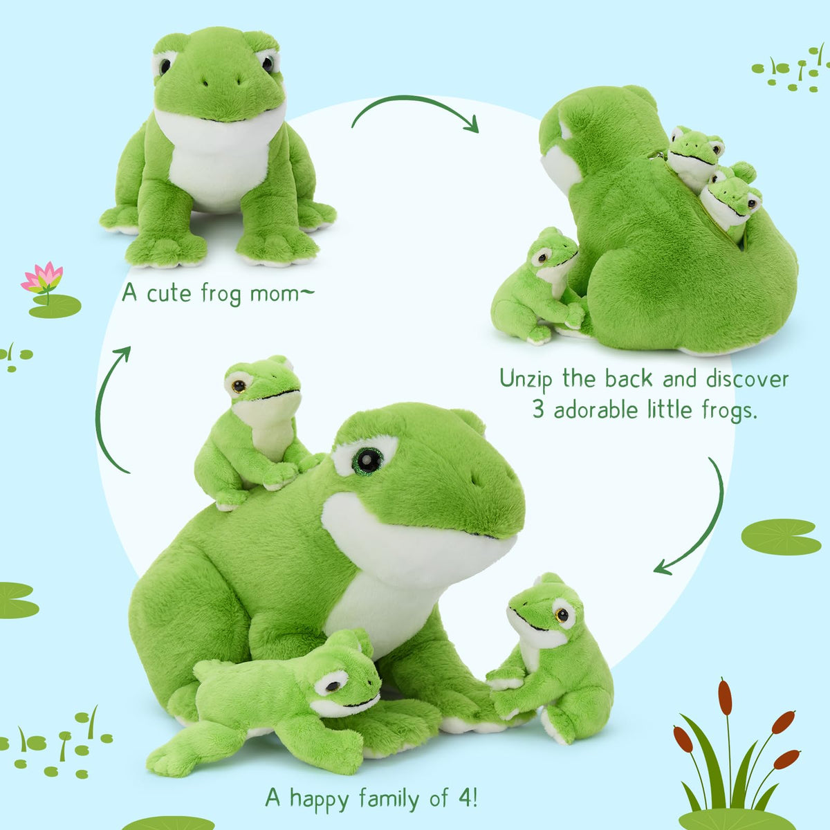 MorisMos green frog family playset scene plush for interactive games and cozy companionship
