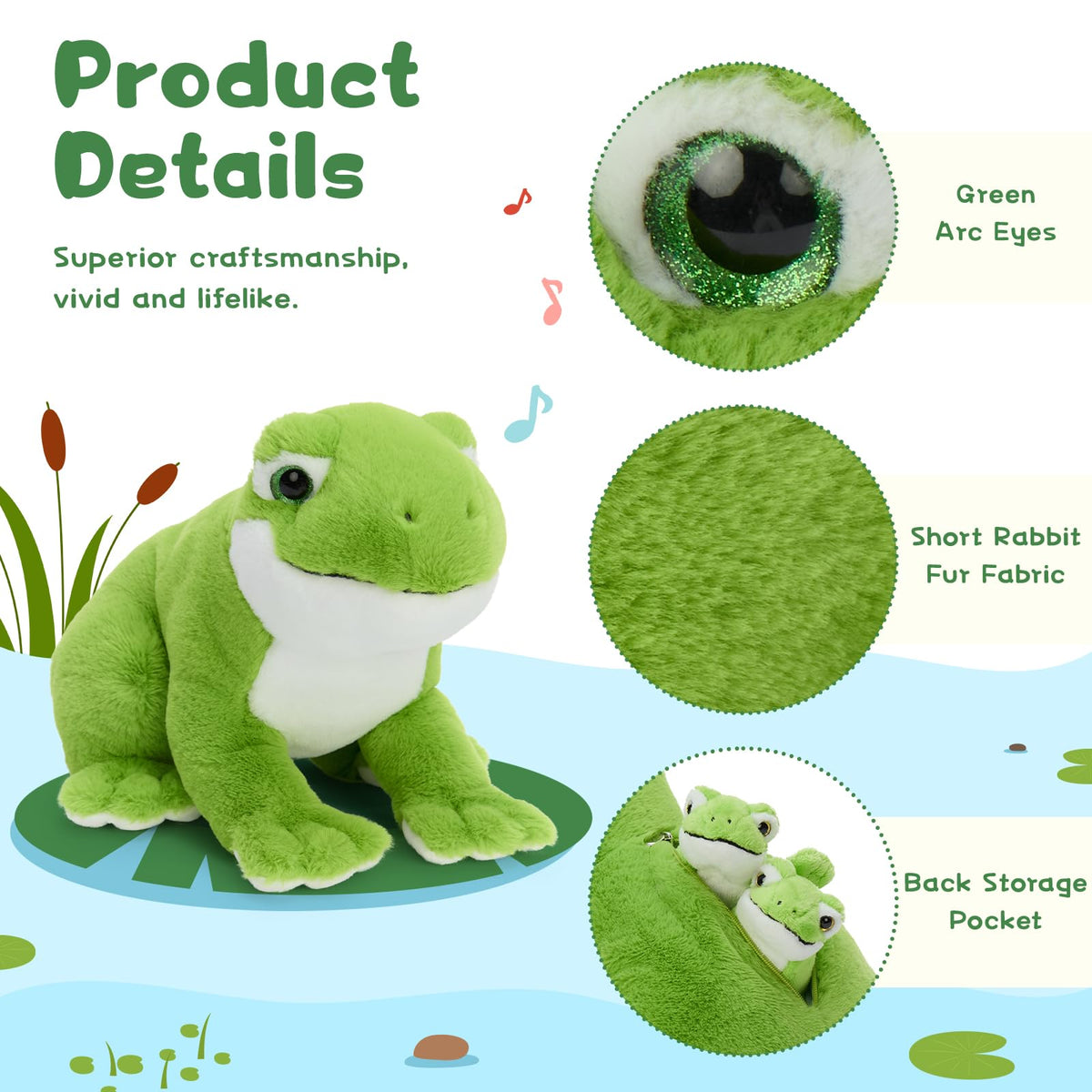 MorisMos green frog soft plush closeup showing ultra-soft texture and cuddly feel