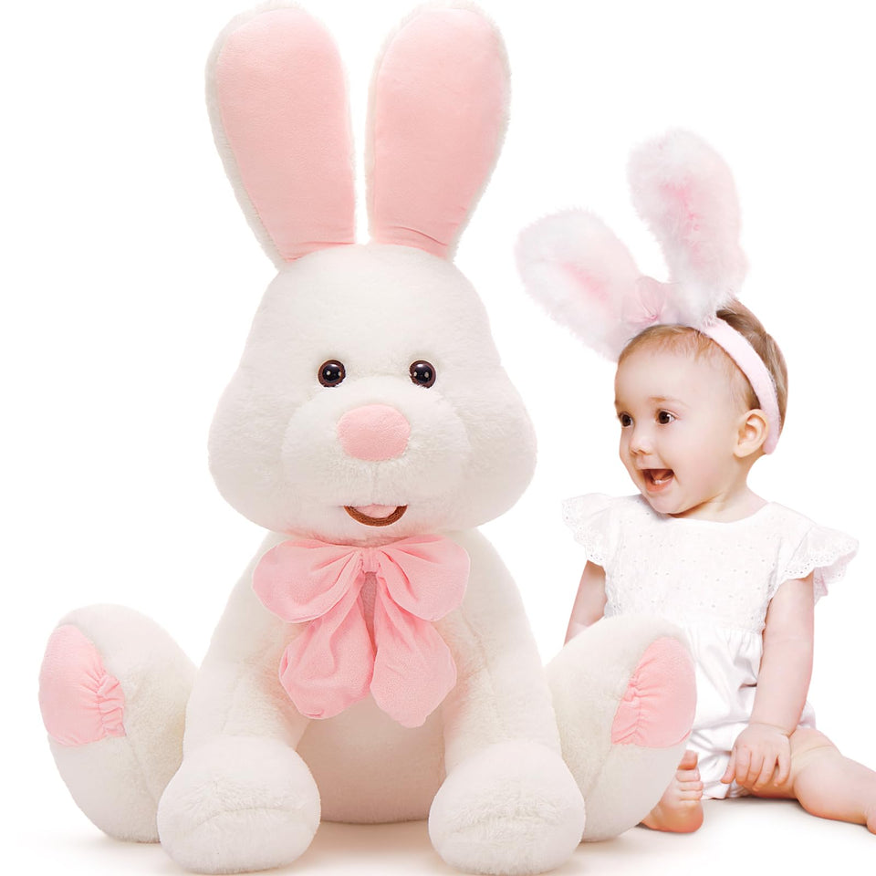 MorisMos large bunny plush stands tall at 31.5 inches for display and hugs.
