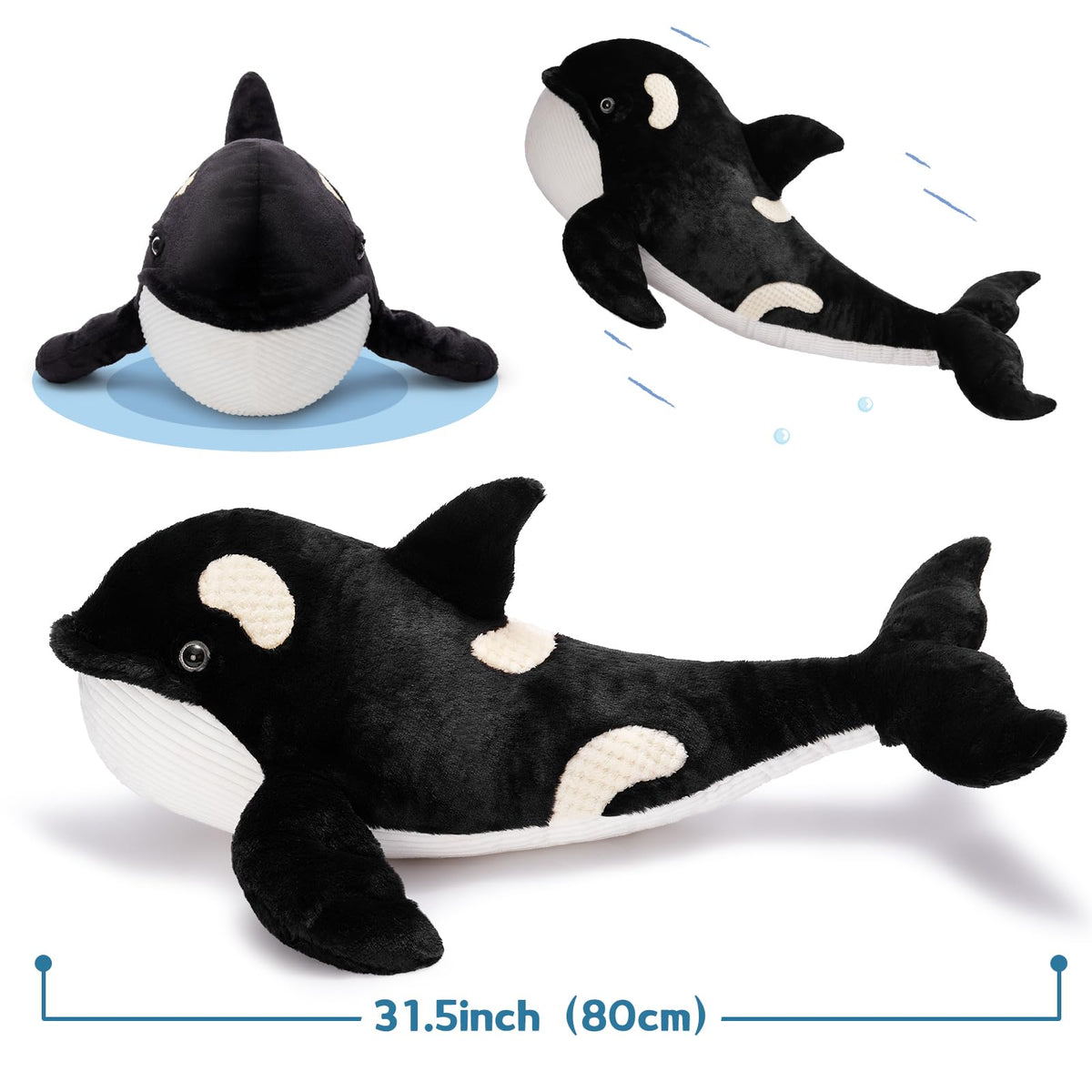 MorisMos orca plush close-up fins highlight details for lifelike play.