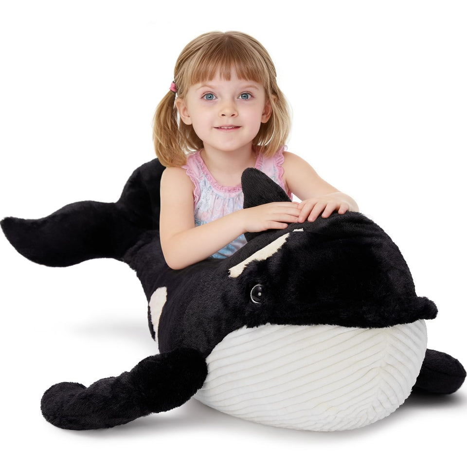 MorisMos orca plush with head-to-tail design for cozy hugs and lifelike appeal.