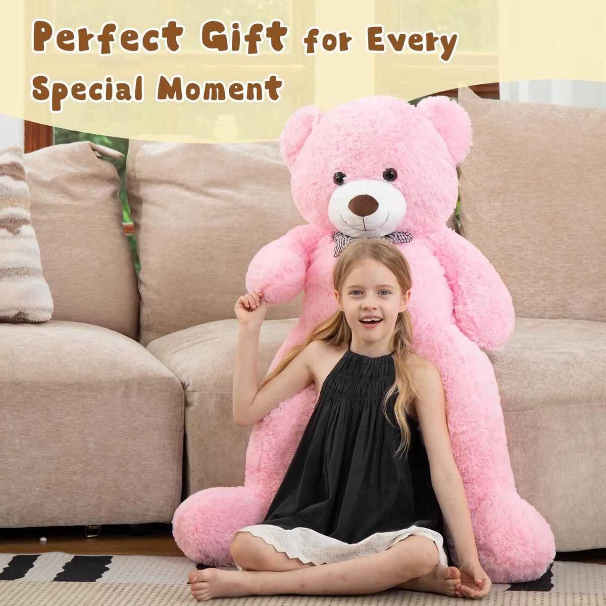 MorisMos pink giant teddy bear hugging pose showcases a comforting companion for kids.