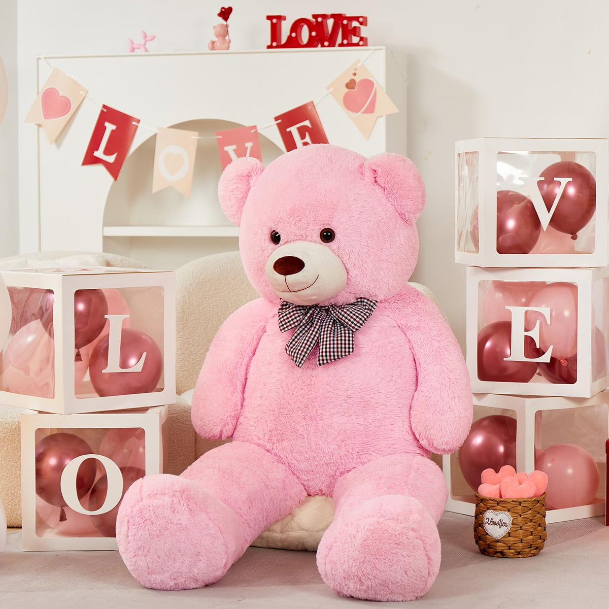 MorisMos pink teddy bear close-up fur texture, butter-soft feel for cozy hugs.
