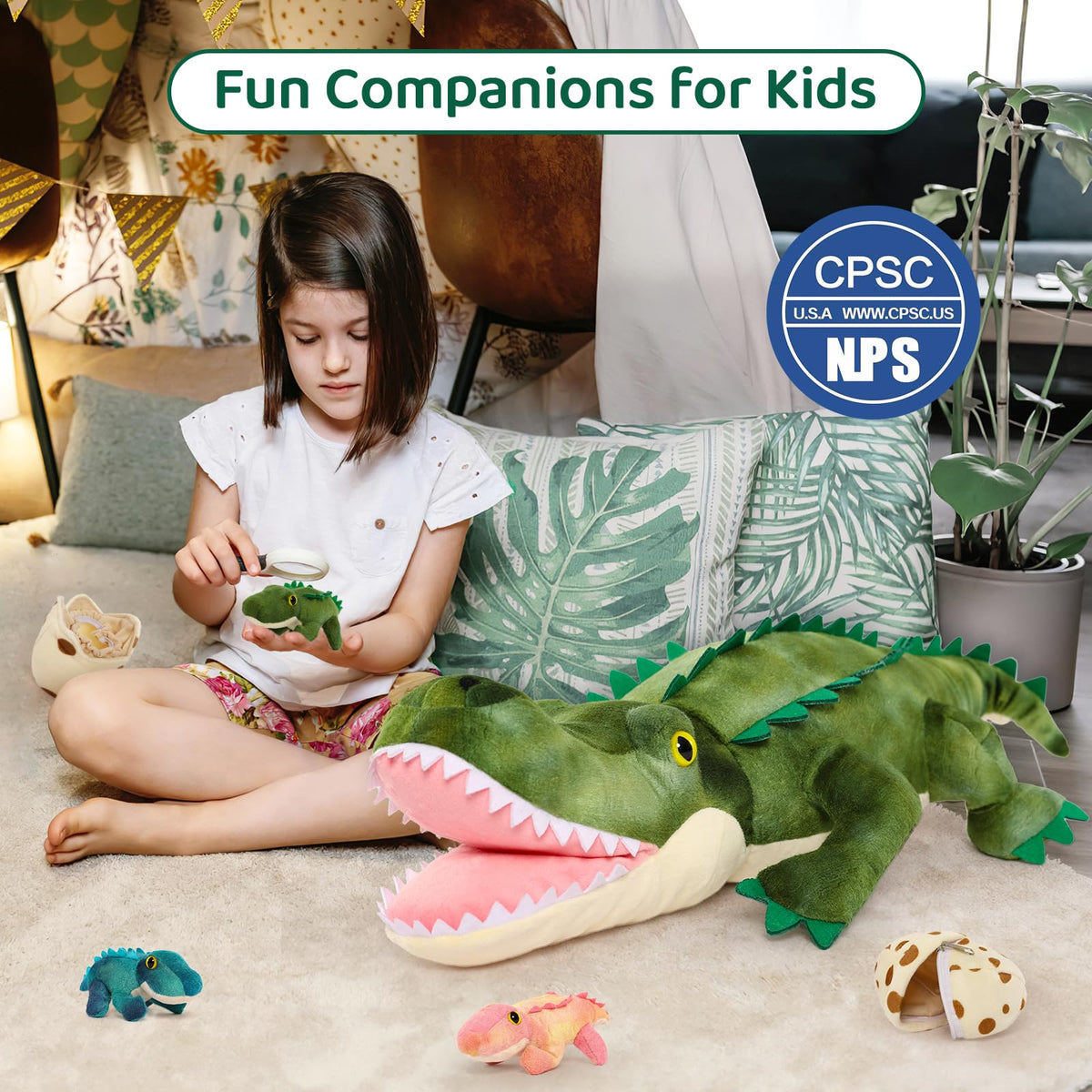 MorisMos plush baby alligator close-up; soft fabric for tiny hands