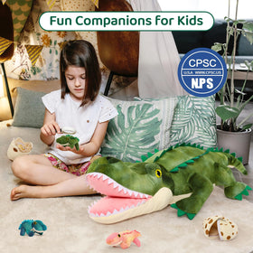 MorisMos plush baby alligator close-up; soft fabric for tiny hands
