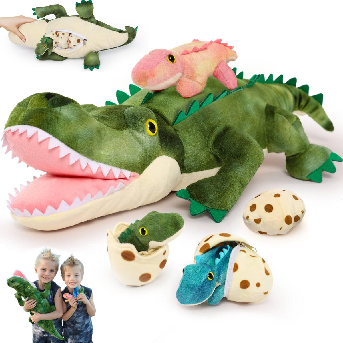 MorisMos mommy alligator with babies; lifelike plush for cuddles and pretend play