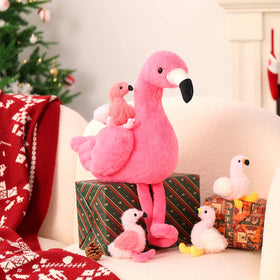 Zipper tummy opens to reveal baby flamingos for interactive surprise and sharing.