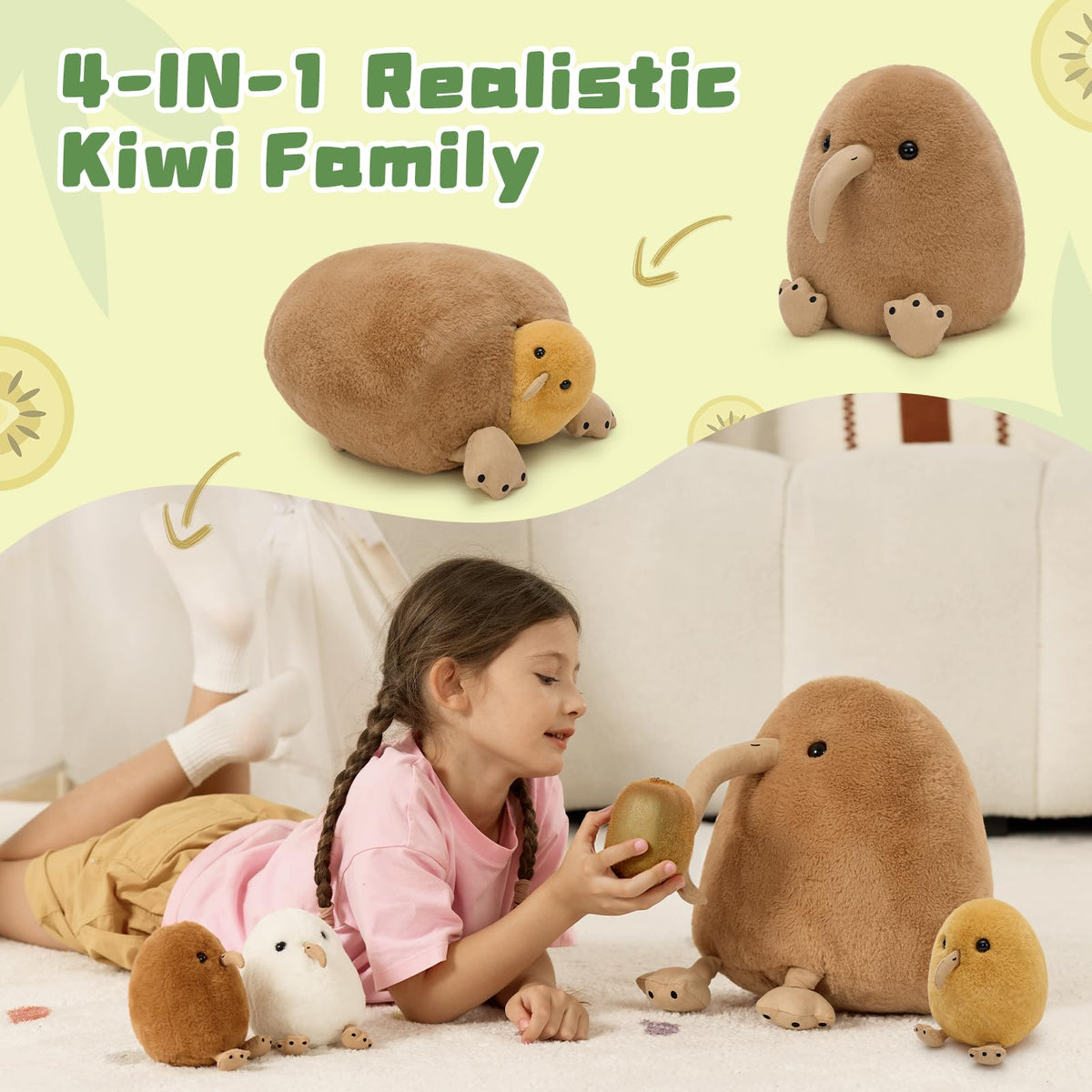 MorisMos kiwi baby brown plush cute family member for bedtime hugs.