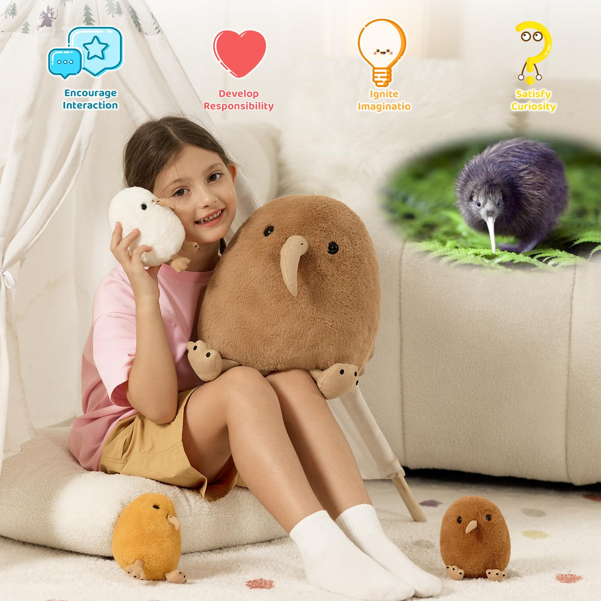 MorisMos kiwi baby tan plush sibling for storytelling and role play.
