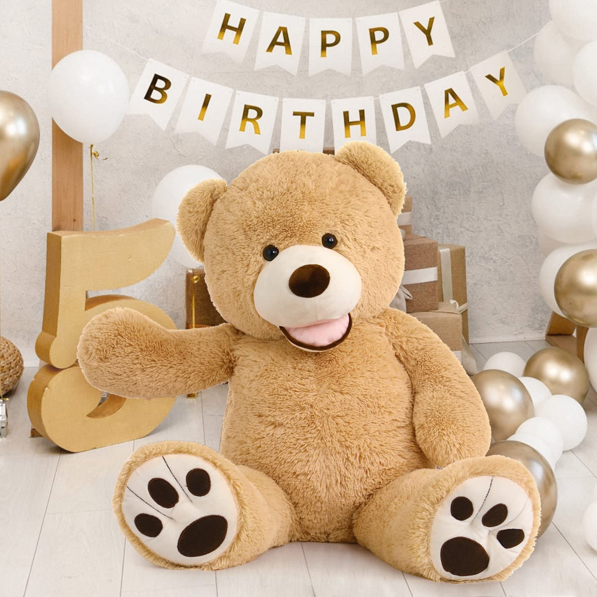 MorisMos Smiling Giant Teddy Bear close-up, tactile fur invites comforting cuddles