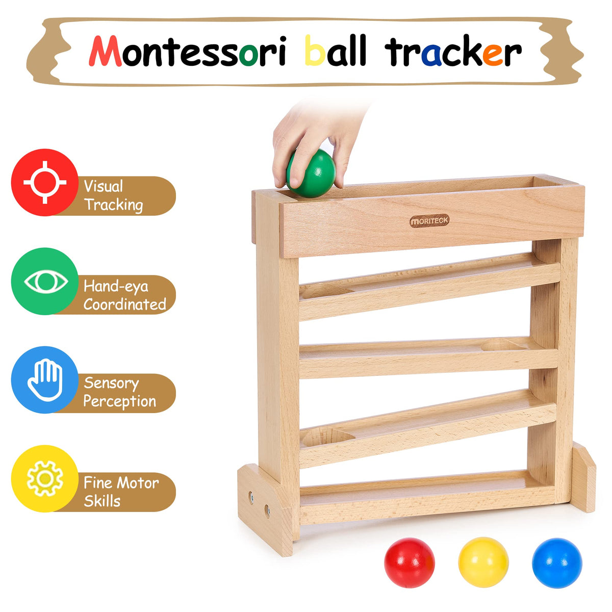Moriteck Montessori Ball Drop Toy close-up shows smooth wood and burr-free surface safety.