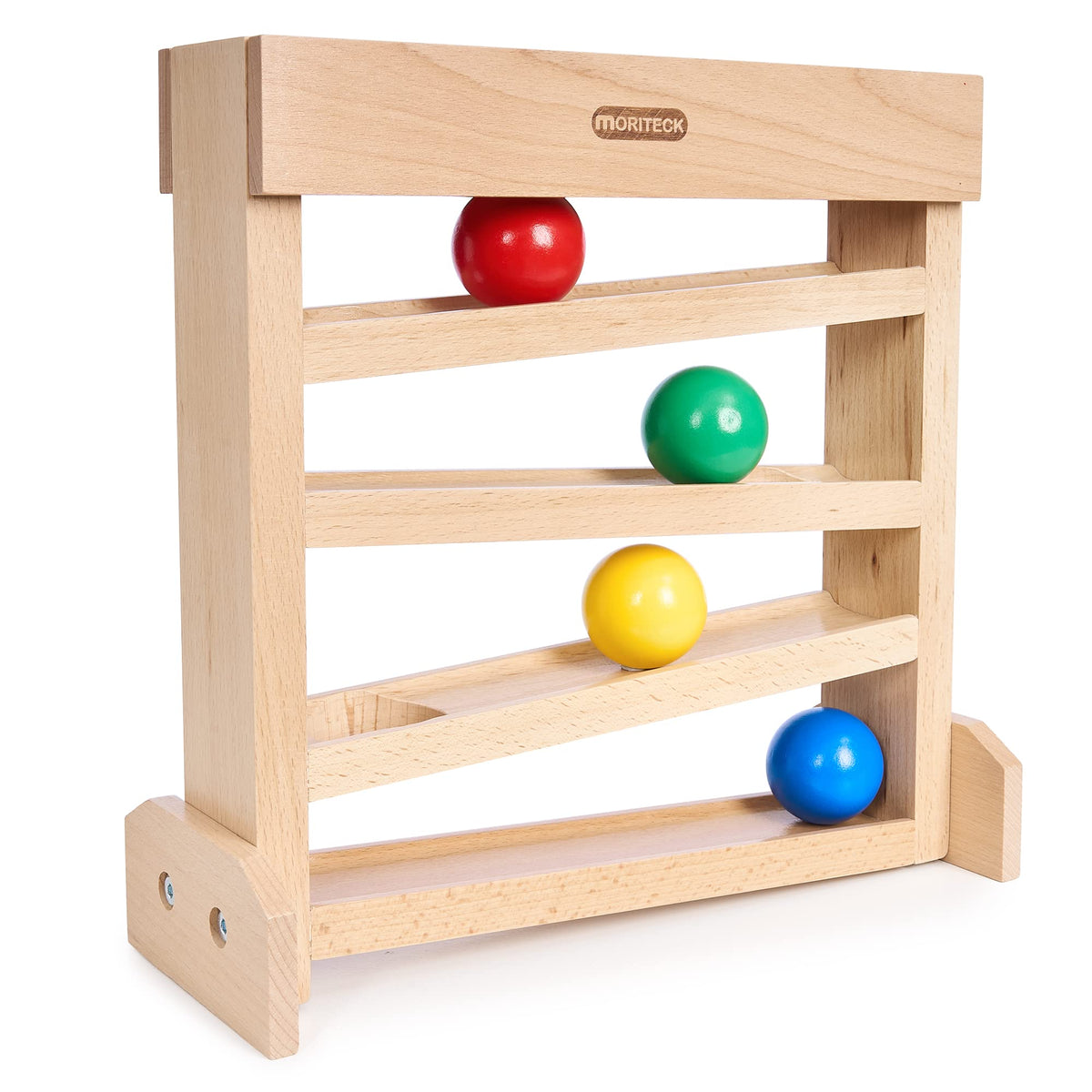 Moriteck Montessori Ball Drop Toy wooden ball tracker in action boosts dexterity and color recognition.