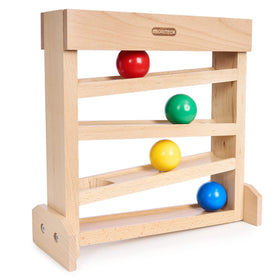 Moriteck Montessori Ball Drop Toy wooden ball tracker in action boosts dexterity and color recognition.