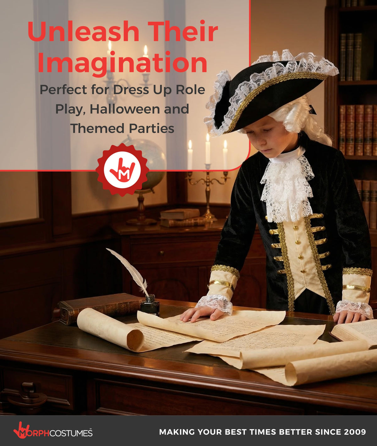 Morph Founding Father accessories like scroll and quill enhance classroom presentations